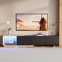 Ištraukiama TV spintelė 163–240 cm su LED apšvietimu, juoda moderni TV komoda svetainei