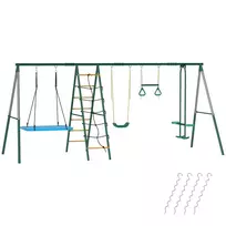 5-in-1 supynių stovas su reguliuojama lizdine sūpyne, gimnastikos žiedais, dviviete, laipiojimo konstrukcija nuo 3-8 metų, 440x175x203 cm