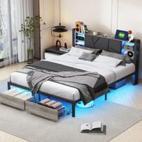 Minkšta lova su LED apšvietimu, stalčiais ir USB jungtimis, 140×200 cm, juoda