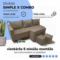 Išskleidžiamas dvigulės sofos komplektas su staliuku ir pufais Simple X Combo, Podrez, smėlio spalvos