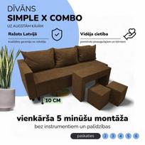 Išskleidžiamas dvigulės sofos komplektas su staliuku ir pufais Simple X Combo, Podrez, rudos spalvos