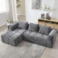 Moderni L formos sofa, Chenille, 3 sėdimos vietos, su chaise longue, 3 pagalvės, šoninė kišenė nuotol. pultui, pilka