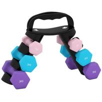 Hantelių rinkinys, 6 hanteliai su laikymo stovu, 42x10x30 cm, rožinė mėlyna violetinė, metalas plastikas