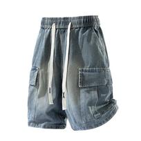 Summer retro workwear Feng Shui washed denim shorts men's summer casual loose and versatile drawstring five quarter pants 2XL
