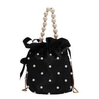 Prekės ženklo pečių krepšiai moterims Aukštos kokybės prabangi moteriška rankinė Black Bead Pearl Imitation Silk Moteriškas kibiras Crossbody Bag juoda