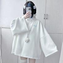 Pavasariniai japoniški laisvalaikio vienspalviai džemperiai su gobtuvu moterims, laisvi Y2k estetiniai dideli siuvinėti paltai, Harajuku užtrauktuku užsegami džemperiai S balta