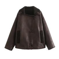 2025 Winter Autumn Women's Loose Faux Fur Lined Jacket Warm Lapel Fashion Trendy Outerwear S tamsiai ruda spalva
