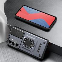 KEYSION Smūgiams atsparus šarvų dėklas, skirtas Samsung M35 5G Slide Push Pull kameros objektyvo apsauginis žiedo stovas telefono dangtelis, skirtas Galaxy M35 5G for Samsung M35 5G pilka spalva