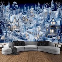 2D Enchanted Winter Town Backdrop Cozy Lit Houses Photography Background 47.2x31.5inch/120*80cm