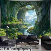 Lush Cave Valley Tapestry, Nature River & Cliff Landscape Wall Hanging Cloth for Room Home Decoration 47.2x31.5inch/120*80cm