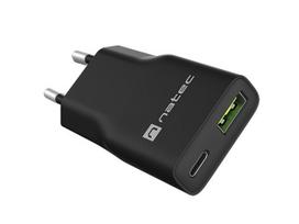 NATEC RIBERA GAN SLIM MAINS ĮKROVIKLIS 1× USB-A + 1× USB-C 20W JUODAS