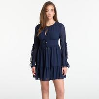 Sukienka Michael Kors Ruffled Georgette Long-Sleeve Dress Midnight Blue - Dydis L (MF583637R3 409 Suknelės)