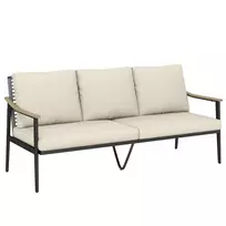 3 vietų rotango lauko sofa su nuimamomis pagalvėmis, medžio imitacijos porankiais ir plieniniu rėmu, chaki spalvos