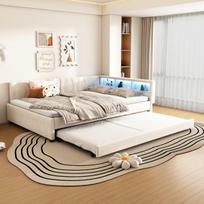 Daybett 140x200 cm su USB, Type-C, LED, ištraukiama lova, latten, be čiužinio, lino, smėlio spalvos