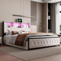 Minkšta lova 160x200 cm su LED apšvietimu, USB jungtimi, 4 stalčiais, daiktadėže galvūgaliu, aksominė, smėlio spalvos, čiužinys neįskaičiuotas