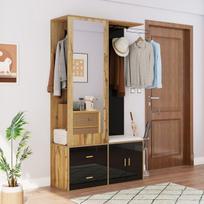 Elegantiškas spintos rinkinys, juoda/medžio, su veidrodžiu, batų spinta ir kabliais