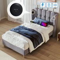 Minkšta lova 90x200 cm su USB Type C grotelių pagrindu pilka lino audinys be čiužinio 1 vnt