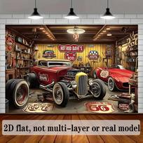 Nostalgijos „Hot Rod“ gobelenas, Retro garažas su raudonais rodsteriais, 66-asis maršrutas ir vintažiniai ženklai Sienų dekoras 47.2x31.5inch/120*80cm