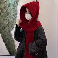 Knitted Hooded Caps Outdoor Hooded Scarf Winter Balaclava Hats Thicken Autumn Winter Neck Protector Headgear Solid Knit Beanies vyno raudonos spalvos