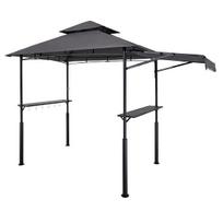 Grill Gazebo, 2.43 x 1.5 m Double-Tiered Top, Reinforced BBQ Gazebo with Extra Awning, Powder-Coated Steel Patio Grill Shelter with 2 Side Shelves &