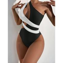 [Vibrant Swimsuit] Vibrant Pink & Neon Green Women's One-Piece Swimsuit | Elegant Single Shoulder, Asymmetrical Cut, Stretchy Machine Swimwear S juoda