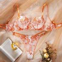 New French Sexy Pure Desire Erotic Underwear Hollow Ultra-thin Lace Perspective Flower Embroidery Erotic Set S oranžinė