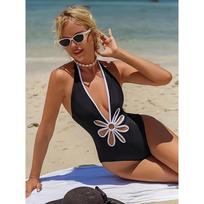 Stylish Women's Halter Neck One-Piece Swimsuit - High Stretch Polyamide Knit Fabric, Solid Color, Casual Style, Comfortable Fit for Beach S juoda