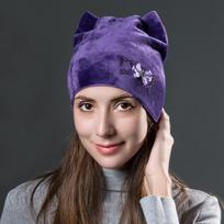 Moteriška žieminė auksinio aksomo megztinė katės ausų šilta miela gėlėta deimantinė dvisluoksnė megzta kepurė OneSize violetinė