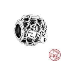 925 Sterling Silver Openwork Chain Link Padlock Heart Key Lock Dangle Charm Bead Fit Original  Bracelet Women DIY Jewelry