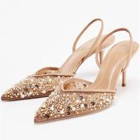 Prabangūs Bling String Karoliukais Papuošti Kulniukai Moteriški Madingi Smailianosiai Tinklelio Dizainerių Batai Elegantiški Plonu Kulnu Slingback Zapatos Mujer 36 ruda