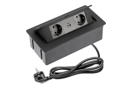 Biuro rozetė stačiakampė, juoda, 2xSCHUKO, 2xUSB