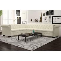 Chesterfield kampinė šešiavietė sofa, dirbtinė oda, balta