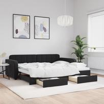 Lova su ištraukiama dalimi/stalčiais, juoda, 90x190cm, aksomas