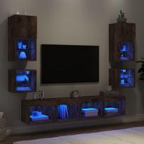 Sieninė TV sekcija su LED, 8 dalių, dūminio ąžuolo, mediena