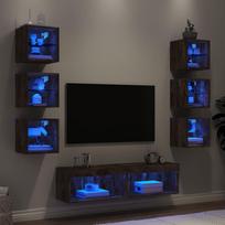 Sieninė TV sekcija su LED, 8 dalių, dūminio ąžuolo, mediena