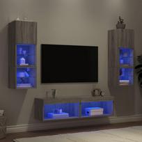 Sieninė TV sekcija su LED, 6 dalių, pilka ąžuolo, mediena