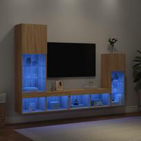 Sieninė TV sekcija su LED, 4 dalių, ąžuolo, apdirbta mediena