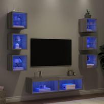 Sieninė TV sekcija su LED, 8 dalių, pilka ąžuolo, mediena