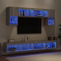 Sieninė TV sekcija su LED, 6 dalių, pilka ąžuolo, mediena