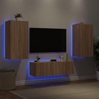 Sieninės TV spintelės su LED lemputėmis, 3 dalių, ąžuolo