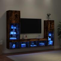 Sieninė TV sekcija su LED, 4 dalių, dūminio ąžuolo, mediena