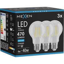 Mexen Vintis 3x LED filamentinė lemputė E27, A60, 4W, Šalta - 6500K, 470 lm, skaidri - L150-E27-0465-00x03