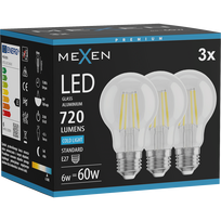 Mexen Vintis 3x LED kaitinimo siūlelių lemputė E27, A60, 6W, Šalta - 6500K, 720 lm, skaidri - L150-E27-0665-00x03