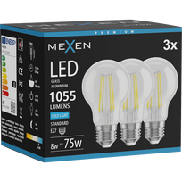Mexen Vintis 3x LED siūlo lemputė E27, A60, 8W, Šalta - 6500K, 1055 lm, skaidri - L150-E27-0865-00x03