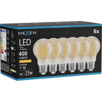 Mexen Vintis 6x LED siūlų lemputė E27, A60, 4W, Šilta - 2200K, 400 lm, gintaras - L150-E27-0422-50x06