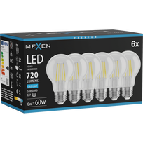 Mexen Vintis 6x LED siūlo lemputė E27, A60, 6W, Šaltai balta - 6500K, 720 lm, skaidri - L150-E27-0665-00x06