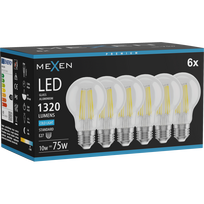 Mexen Vintis 6x LED gijų lemputė E27, A60, 10W, šalta - 6500K, 1320 lm, permatoma - L150-E27-1065-00x06