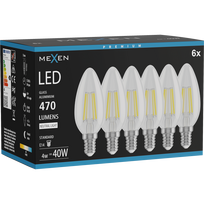 Mexen Vintis 6x LED E14 filamento lemputė, C35, 4W, Neutralus - 4000K, 470 lm, skaidrus - L154-E14-0427-00x06