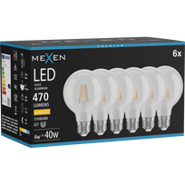 Mexen Vintis 6x LED filamentinė lemputė E27, G80, 4W, Šilta - 2700K, 470 lm, skaidri - L155-E27-0427-00x06