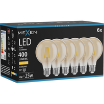 Mexen Vintis 6x LED filamentinė lemputė E27, G80, 4W, Šilta - 2700K, 400 lm, gintarinė - L155-E27-0427-50x06